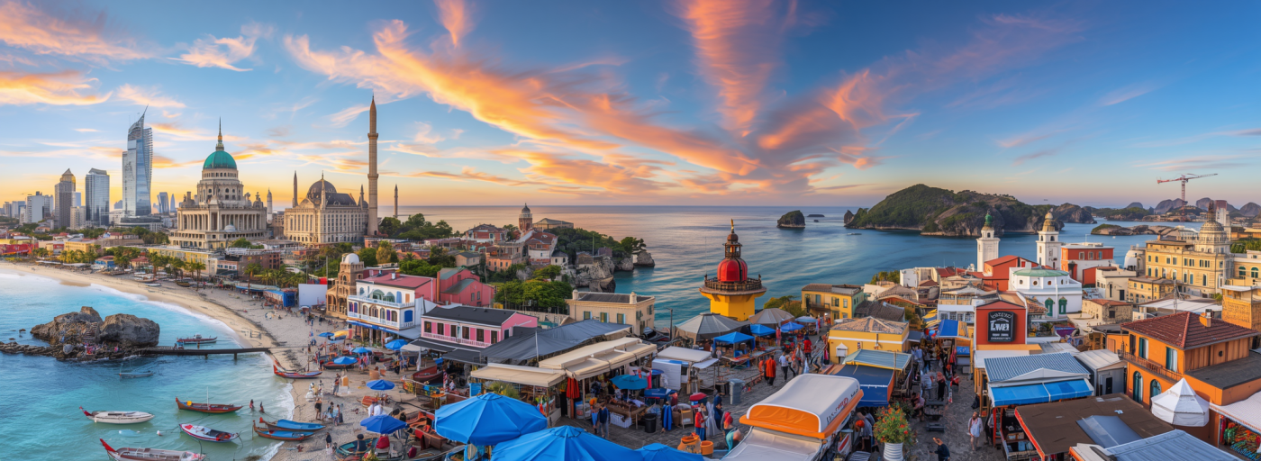 A harbour town at sunset