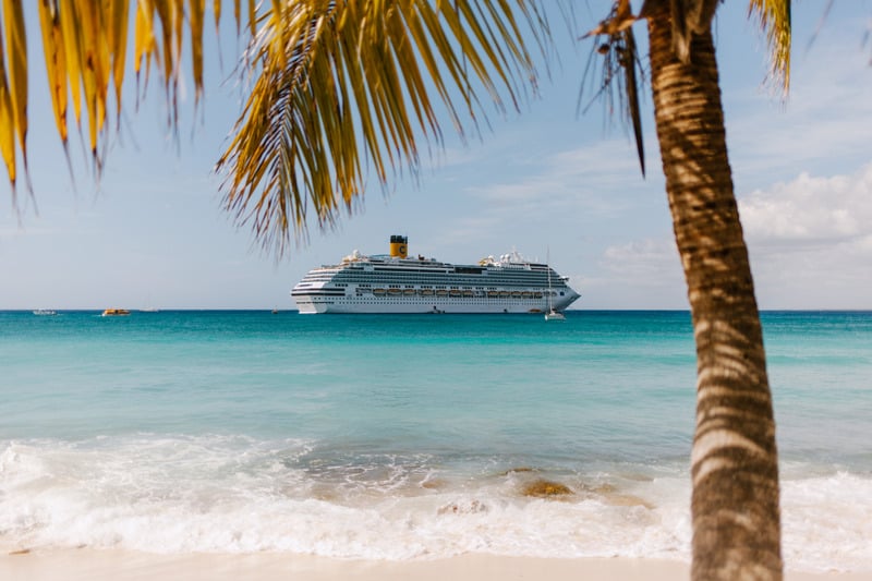 A tropical beach with a cruise ship